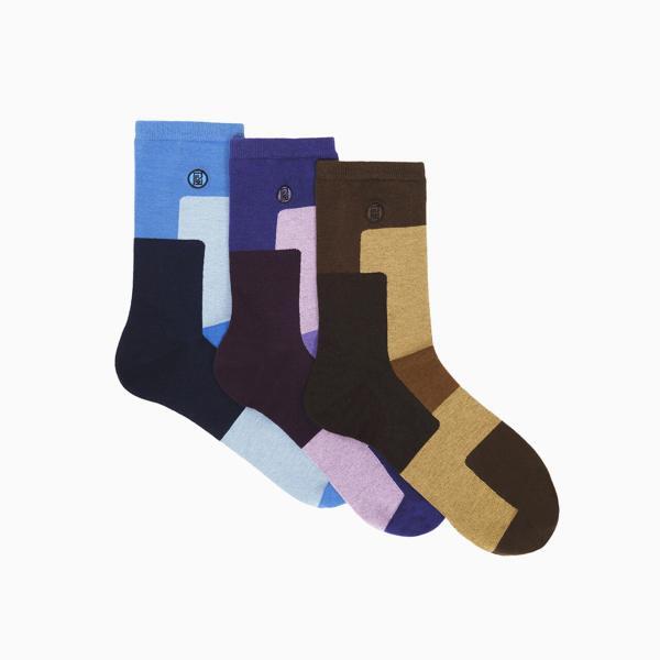 Pack de chaussettes Bloc R.C. position chevauchée avec les coloris : bleu, violet et marron